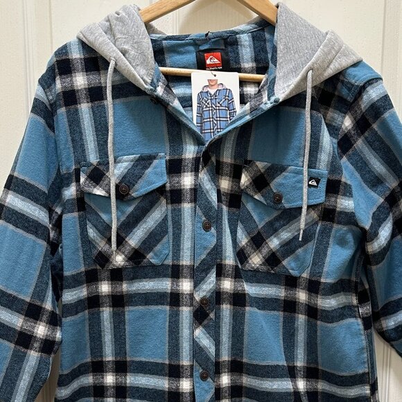 Quiksilver Men's Hooded Buttoned Flannel Shirt Size M Blue Plaid Y2K Grunge NEW - Picture 2 of 13